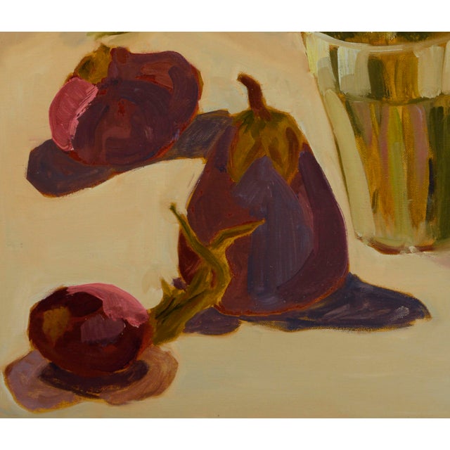Pear & Cut Flowers in a Glass, Botanical Still Life in Magentas by Josephine Guerra For Sale - Image 4 of 11