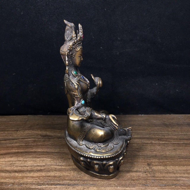Metal Brass Green Tara Statue With Inlaid Gemstones, Tibetan Buddhist Goddess For Sale - Image 7 of 9