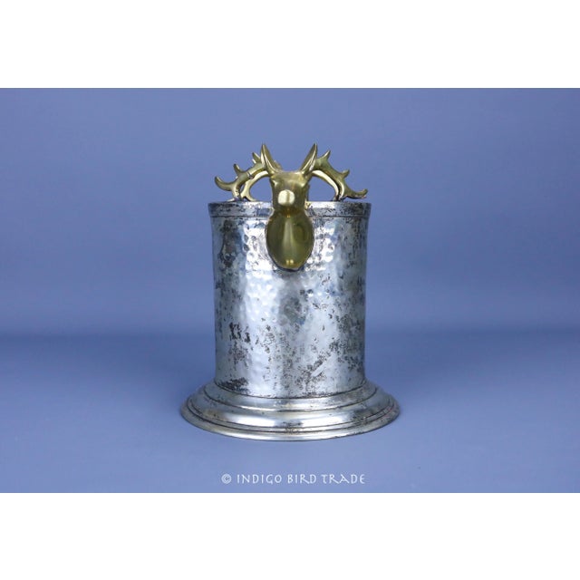 Metal Vintage Wine Coaster Holder Hammered Silver Metal and Brass Deer Head Handles For Sale - Image 7 of 9