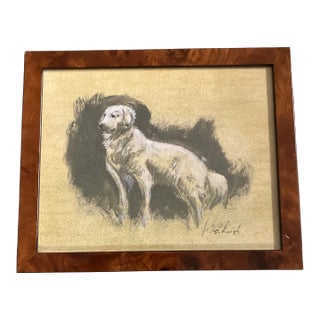 Contemporary Original Stephen Heigh Golden Retriever Charcoal Drawing Illustration Burled Wood Frame For Sale