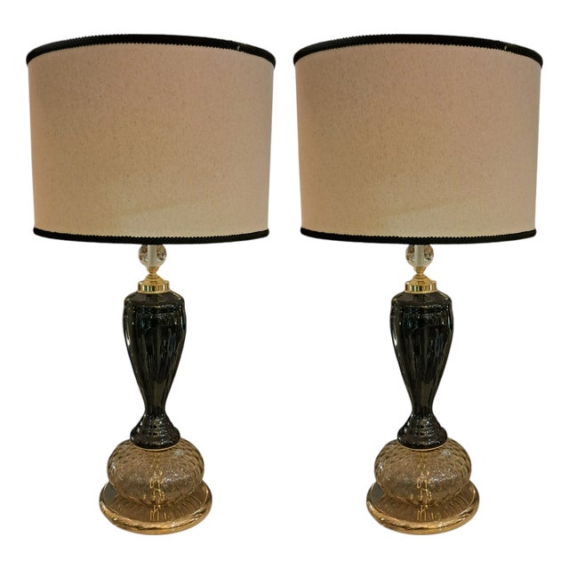 Black and Gold Murano Glass Lamps, 1950s, Set of 2 For Sale