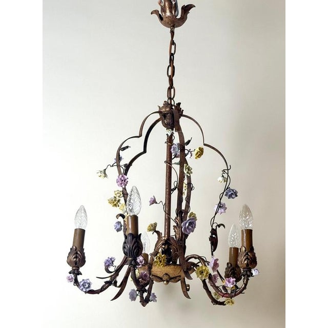 Italian Gilt Iron Five-Light Chandelier with Porcelain Flowers, 1930 For Sale - Image 15 of 18