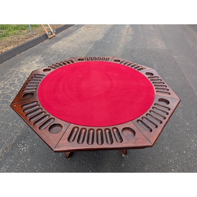Vintage 54" Octagonal Poker & Chess Game Table With Vibrant Red Felt For Sale - Image 9 of 18
