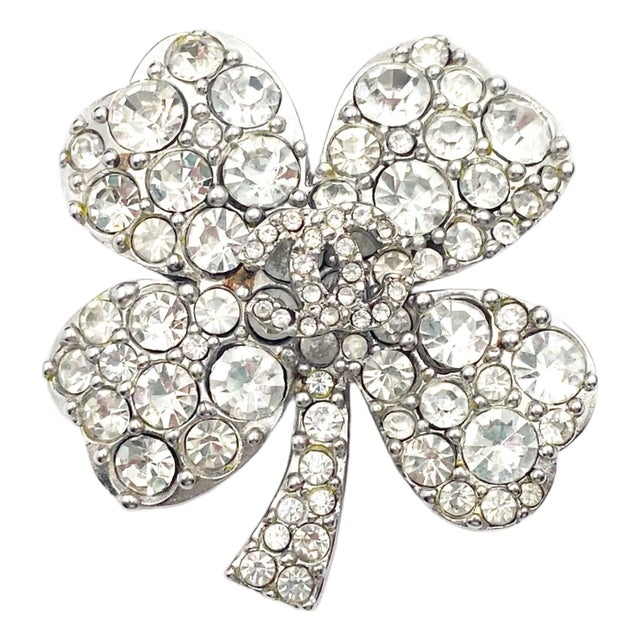 Chanel Silver CC Crystal Clover Leaf Brooch For Sale