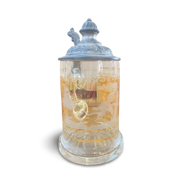 Bohemian crystal and pewter beer mug. Acid-etched floral motifs, typical of Art Nouveau, specifically the early Art...