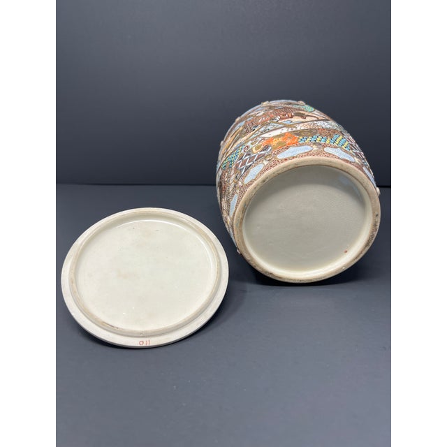 Ceramic Antique Japanese Satsuma Lidded Biscuit Jar, Hand-Painted Gilt Moriage, Meiji c.1900 For Sale - Image 7 of 9