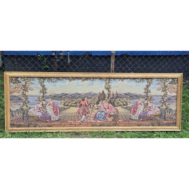Large Vintage Framed European Hand Crafted Rococo-Style Needlepoint Tapestry Wall Hanging – Romantic Garden Scene For Sale - Image 17 of 18