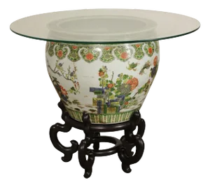 Chinese Glass Top Enameled Porcelain Fishbowl Planter on Stand