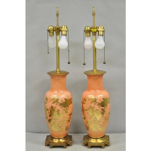 Vintage Marbro Chinoiserie Salmon Coral Pink Porcelain Table Lamps - A Pair For Sale - Image 12 of 12
