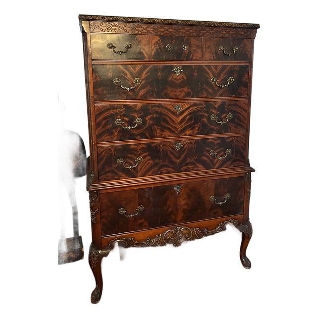 1920s Chippendale Revival Figured Mahogany High Chest of Drawers For Sale