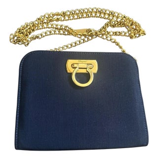 1990s Elegant Blue Fabric and Brass Belt Hand Bag by Salvatore Ferragamo For Sale