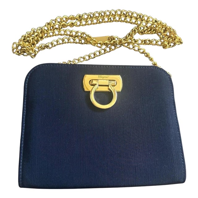1990s Elegant Blue Fabric and Brass Belt Hand Bag by Salvatore Ferragamo For Sale