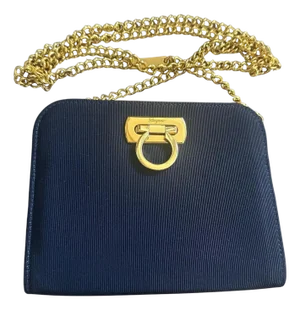 1990s Elegant Blue Fabric and Brass Belt Hand Bag by Salvatore Ferragamo