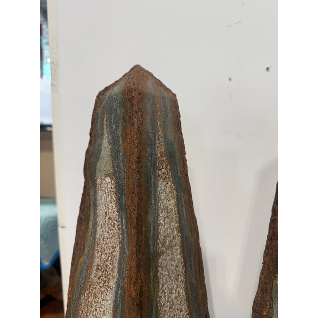 Metal Pair, Vintage Distressed Tole Obelisk Form Sculptures For Sale - Image 7 of 8