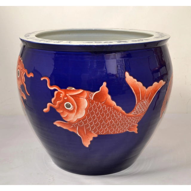Vintage Marked Chinese Porcelain Floral Planter Blue & White Golden Koi Fish For Sale In Miami - Image 6 of 12