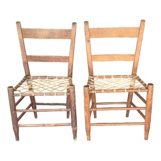 19th Century Antique Ladderback + Rawhide Seat Side Chairs, Set of 2 For Sale