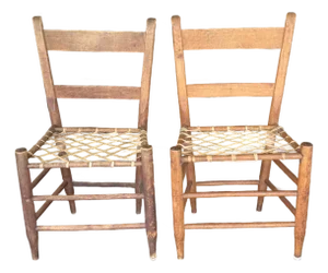 19th Century Antique Ladderback + Rawhide Seat Side Chairs, Set of 2