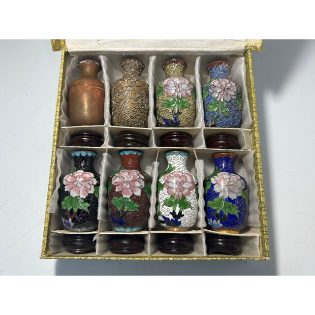 Vintage Chinese Cloisonne Vases: Enameling Process Set with Box For Sale - Image 4 of 10