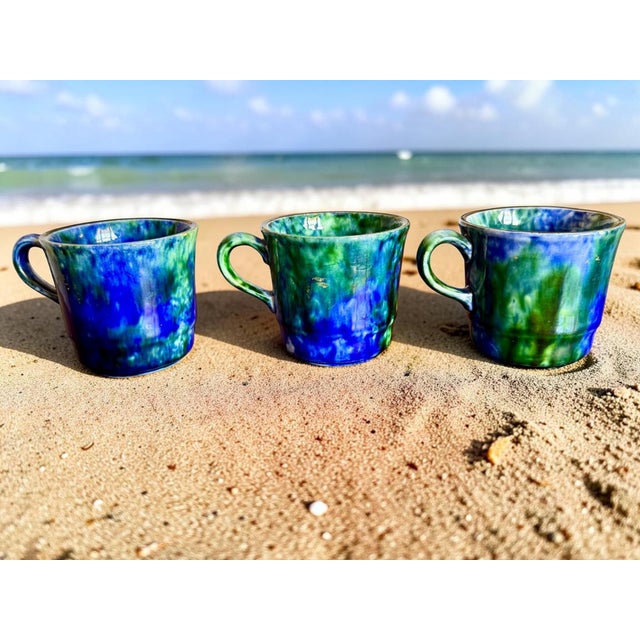Mid-Century Modern 1950s Mid Century Modern Stangl Mediterranean Art Pottery Blue Green Coffee Cups Saucers - Set of 3 For Sale - Image 3 of 11