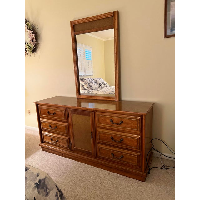 Wood Vintage Mid Century Faux Bamboo and Cane Coastal Armoire. For Sale - Image 7 of 7