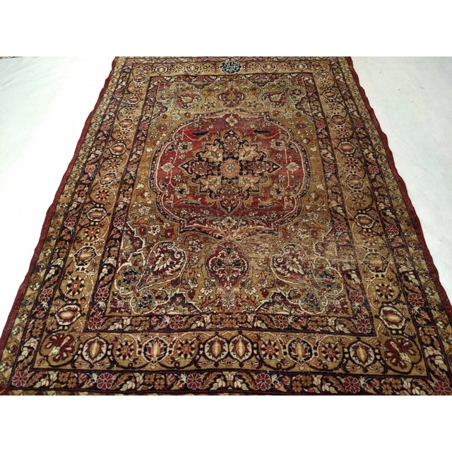 Tangerine 19Th Century Kerman Lavar Rug, Handwoven Medallion Floral Pattern With Silk Highlights, Gold & Red, 4’ X 6’ For Sale - Image 8 of 8
