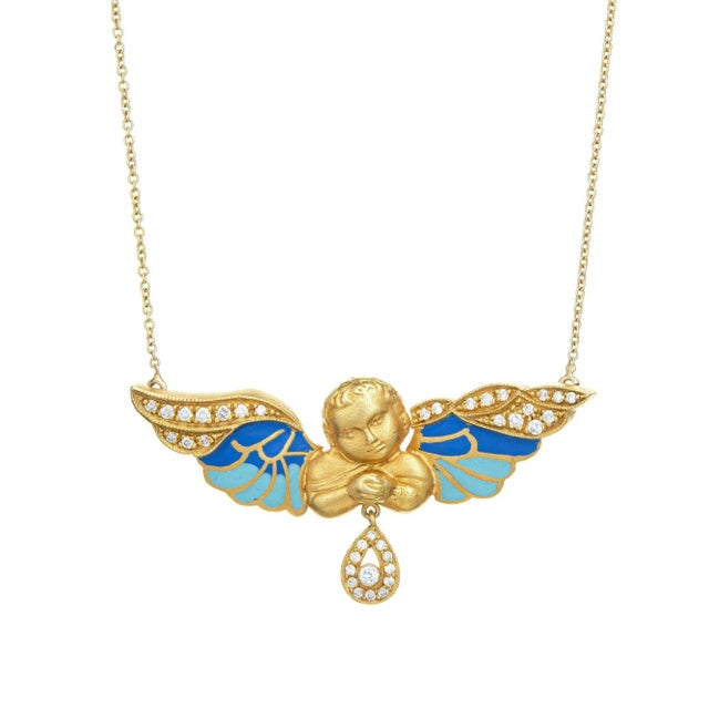 Winged Angel Necklace Diamond Enamel Vintage 14k Yellow Gold Chain Jewellery For Sale - Image 4 of 4