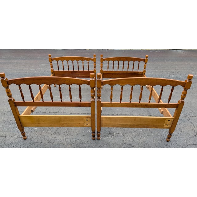 American Mid 20th Century Stickley American Colonial Carved Cherry Wood Twin Size Spindle Bedframe, Pair For Sale - Image 3 of 18
