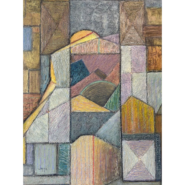 This is a colorful cubist abstract on canvas by Ed Jaffe (1929-2023) Line work of overlapping geometric shapes are...