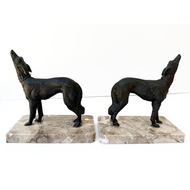 Antique French Art Deco Borzoi Bookends on Marble Bases – Pair, Sourced in Paris For Sale - Image 4 of 10
