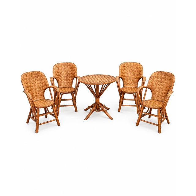 Vintage Woven Rattan Garden Set of Round Table and Armchairs, 1950s, Set of 5 For Sale - Image 3 of 15