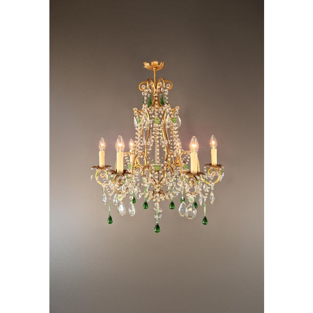 1940s Italian Rococo Revival Crystal Chandelier With Emerald Green Drops 6 Lights For Sale - Image 13 of 13