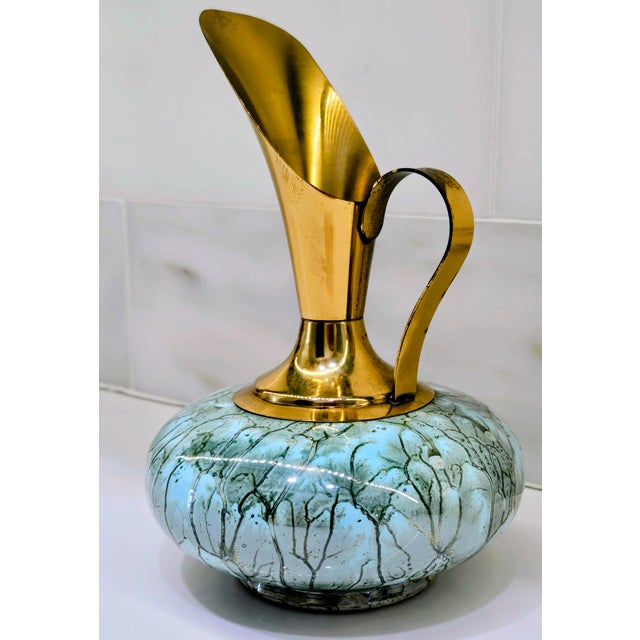 1960s Hand-Painted Delft Holland Brass and Aqua Ewer Vase For Sale In Dallas - Image 6 of 9