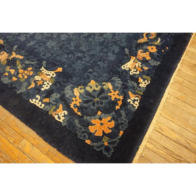 Royal Blue 1920s Antique Wool Allover Floral Rectangle Blue Hand Knotted Pile Peking Rug For Sale - Image 8 of 10