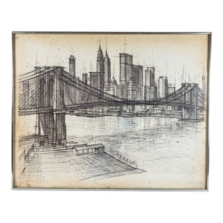 Vintage 1960s Framed Original Pencil & Ink Brooklyn Bridge Cityscape Drawing, Signed For Sale