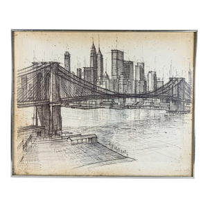 Vintage 1960s Framed Original Pencil & Ink Brooklyn Bridge Cityscape Drawing, Signed