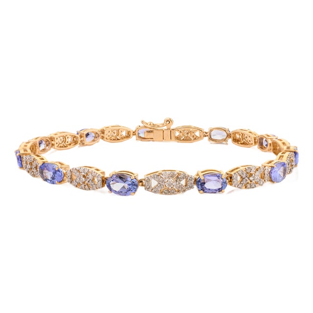 5.14 Ct Tanzanite & Diamond Floral Link Tennis Bracelet in 14k Solid Yellow Gold For Sale