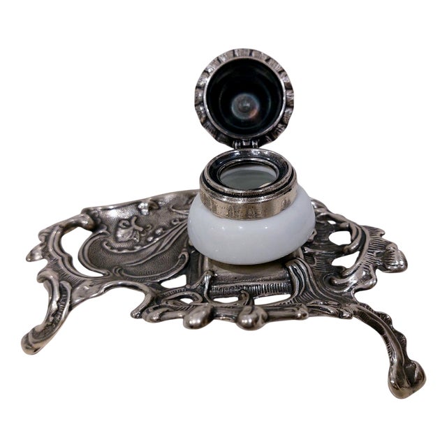 Vintage Inkwell with Silver Plating and Marble, 1920 For Sale