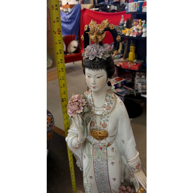 Ceramic Vintage Hand Painted Porcelain Japanese Geisha Statue 32in For Sale - Image 7 of 8