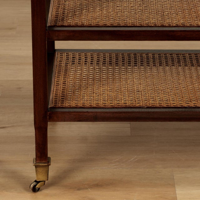 Mid-Century Modern Vintage British Colonial Style Caned Four Tiered Rolling Stand For Sale - Image 3 of 10