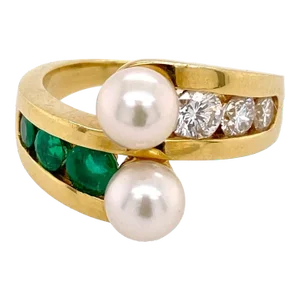 1980s 18k Gold Emerald, Diamond and Pearl Bypass Ring Size 6.75