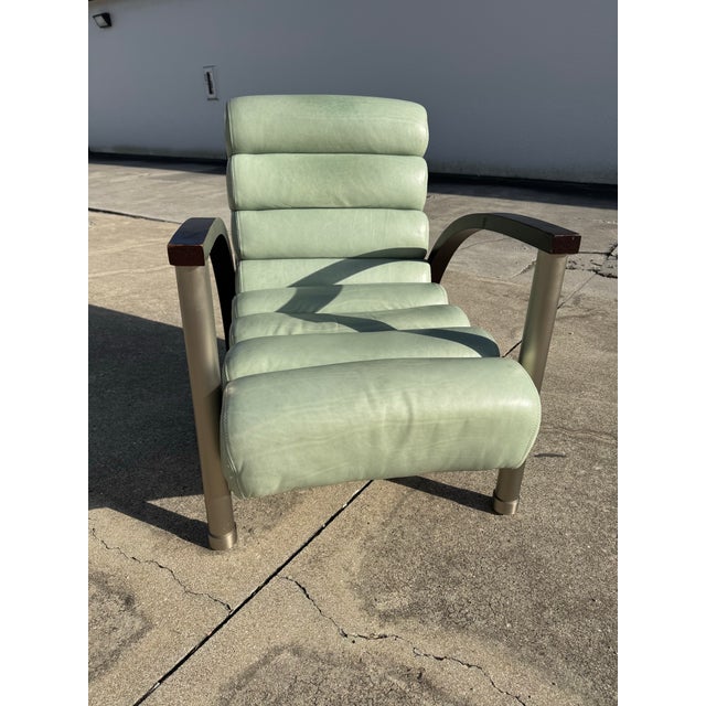 Attributed to Jay Spectre Eclipse Lounge Chair for Century – Postmodern Chrome Armchair – Mint Green Leather Sculptural Chair – 1980s Designer Seating For Sale - Image 10 of 12