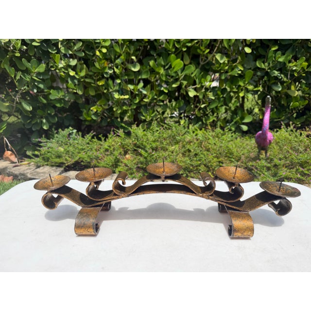 Late 20th Century Vintage Mexican Hand-Forged Iron Five-Light Candelabra With Crackle Gilt Finish For Sale - Image 5 of 12