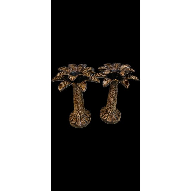 Rustic European Vintage Pair of Taper Large Metal Palm Trees Candle Holders For Sale - Image 3 of 10