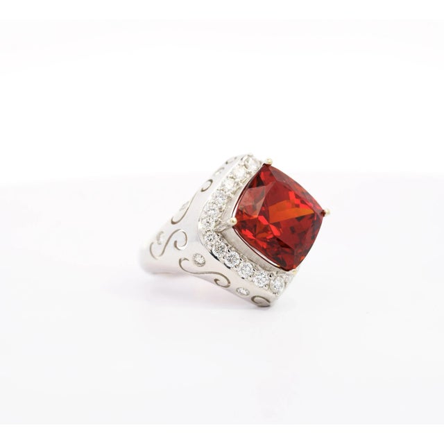 Contemporary Vintage Gia Certified Orange Spessartine Garnet & Diamond 18k White Gold Ring Size 6.5 For Sale - Image 3 of 9
