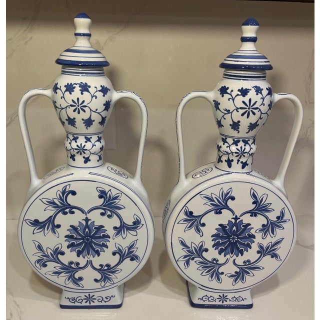 Vintage Pair of Blue and White Chinese Porcelain Moonflask (Urn, Vase) For Sale - Image 4 of 13