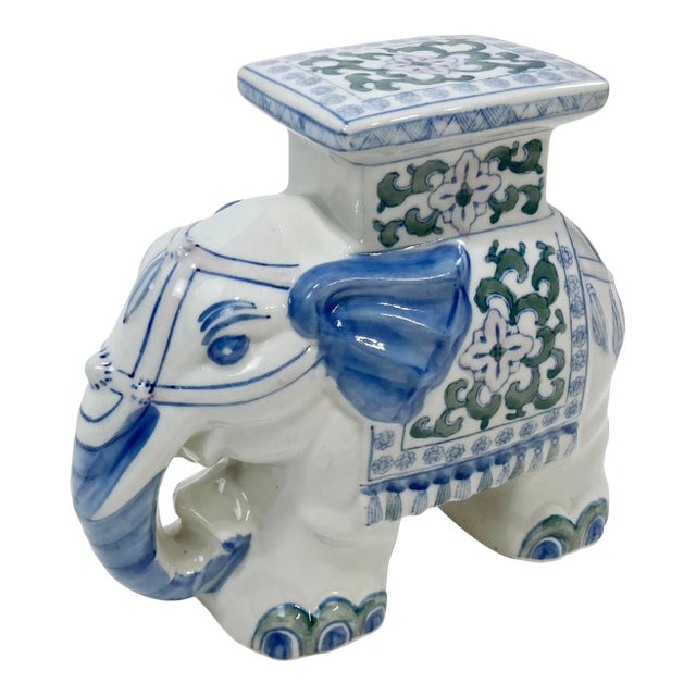 Vintage Ceramic Blue and White Elephant Stand For Sale