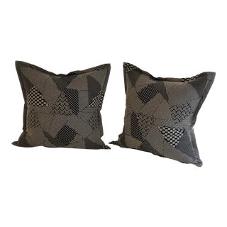 Pair of 20" Square Black and White Stitched Patchwork Pillows by Jim Thompson For Sale