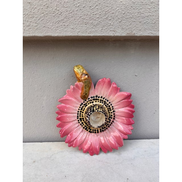 Majolica Pink Daisy Candelstick Delphin Massier Circa 1890.