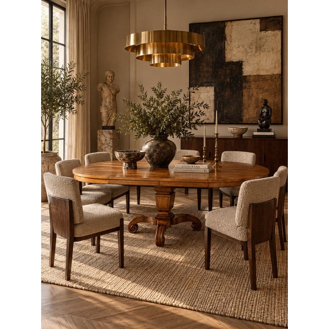 Elegant vintage Biedermeier and Neoclassical-style expandable dining table crafted in warm-toned cherry wood and veneer....