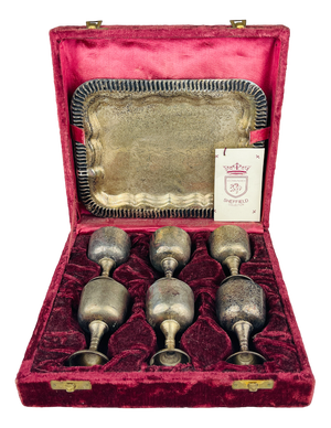 Antique English Silver Plated Glasses and Tray, 1890s, Set of 8